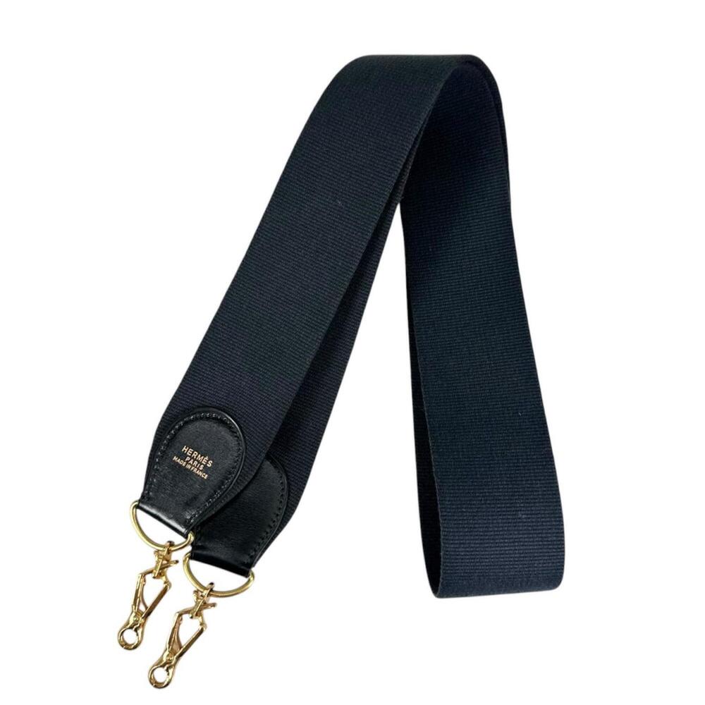 HERMES Evelyne Shoulder Strap, Canvas & Box Calf Leather, Black, Women's